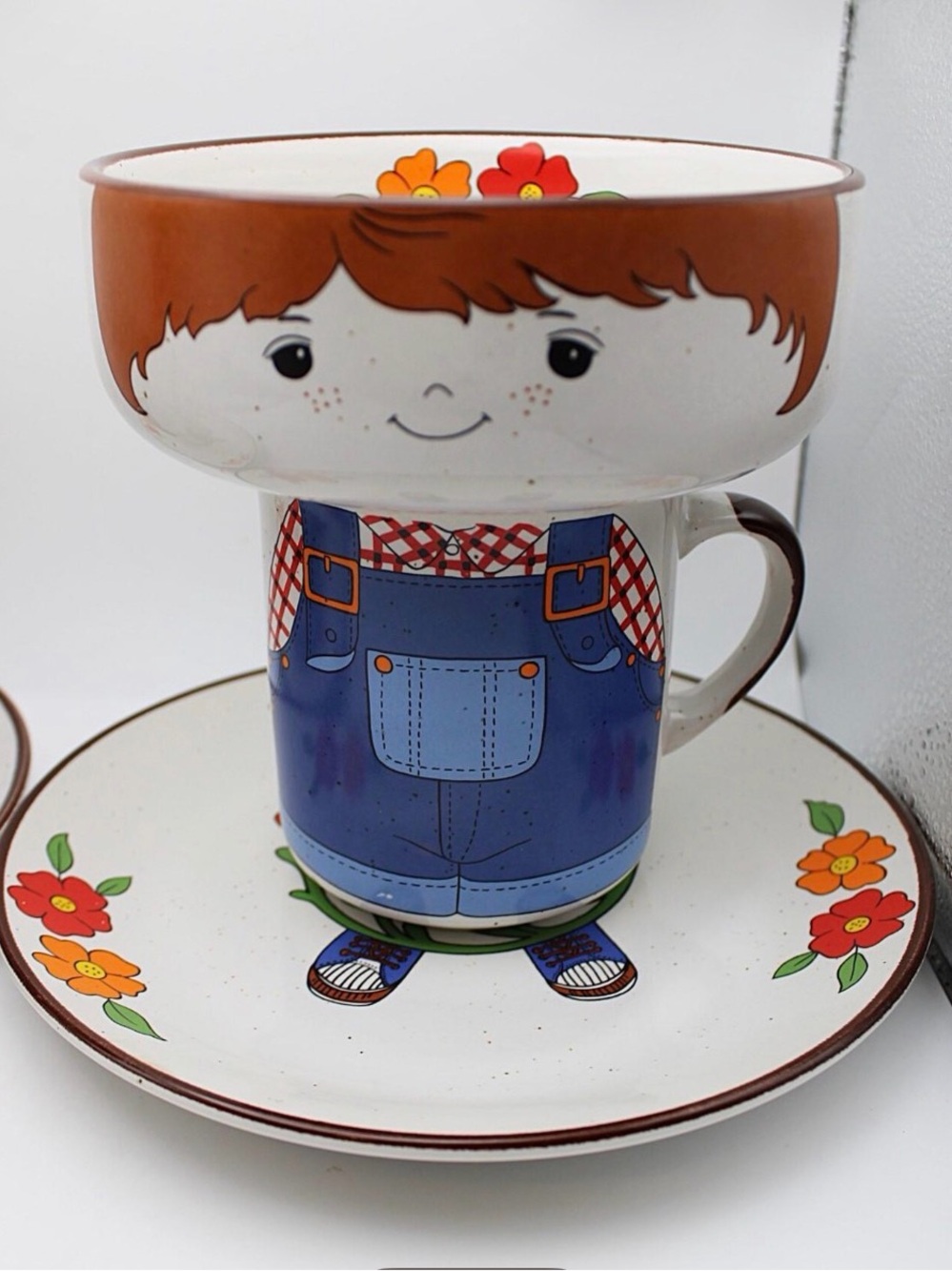 Vintage 1970s Interpur Farm Boy 3-Piece Stacking Dish Set Mug Bowl Plate